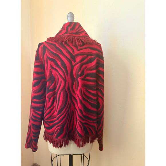 Chico's Red Black Animal Print Fringe Cardigan Open Front Sweater Jacket Size L - Picture 4 of 5